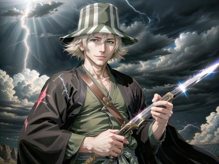 adult man, (solo), urahara kisuke, (benihime sword:1.15), holding, (masterpiece, cinematic lightning, epic), grey eyes, blonde hair, green hat, (striped), grey eyes, ((black haori)), green hakama, solo, (masterpiece, best quality, detailed), smile <lora:kisuke-v11:0.6>