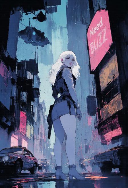 Masterpiece, best quality, good quality, beautiful image, beautiful fluorescent colors. A girl seen from the ground, standing further away and looking up. She is viewed in a three-quarter angle with a nice pose. Long white-haired girl, solo, skirt, thigh strap with a revolver. It is nighttime, in a futuristic city with flying taxis and heavy air traffic. The city is very tall, with many pink and blurry neon lights. On a large billboard, "Need BUZZ" is clearly readable!