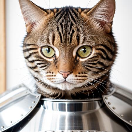 RAW photo, absurdres, high quality, photorealistic, portrait of a cat, plate armor, looking at viewer, smile, photo realism, ultra-detailed, 50mm, f1. 4, 8k uhd, film grain