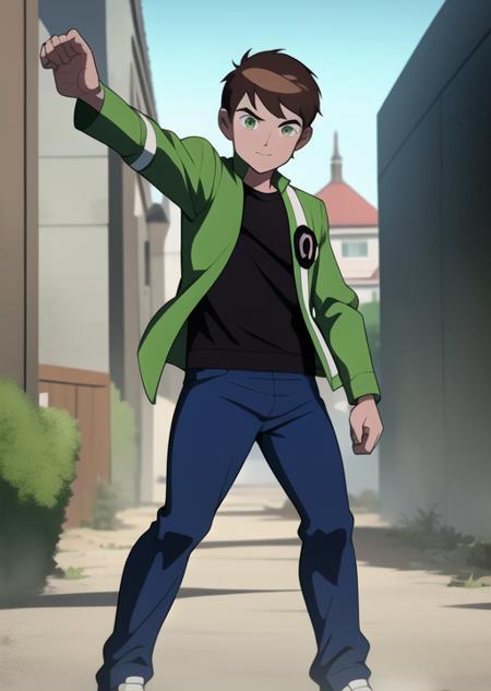 benuaf 1boy, brown hair, blue pants, green jacket