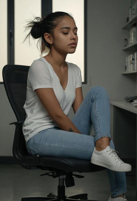 a skinny beautiful young latina woman with brown skin and slim figure, sitting on an office chair in a quiet dimly-lit room, wearing a tight white blouse, blue jeans, and clean white sneakers, her hair tied back with a pharmacy-style elastic band, head tilted back, eyes closed, lips parted in a subtle expression of inner tension and repressed pleasure, left arm resting on her thigh, showing a small heron tattoo on her forearm, cinematic soft lighting, emotional atmosphere, photorealistic, sensual yet melancholic expression, intimate moment captured realistically, realistic skin texture and lighting, office background slightly blurred