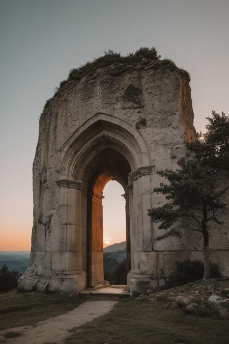 raw photo, a sunset landscape, oregon mountains, forested cliffs, cozy, photorealistic, Towering Stone gateway entry into the side of cliff, dwarven, high fantasy style, high detailed texture, 8k uhd, dslr, soft lighting, high quality, film grain, Fujifilm XT3, Sony A7 IV, highly detailed photography, (muted colors, cinematic, dim colors, soothing tones:1.2), vibrant, insanely detailed, hyperdetailed, (dark shot:1.2), (vsco:0.3), (intricate details:0.9), (hdr, hyperdetailed:1.2) (highest coherency: 1.39) (highest quality: 1.39) (rule-of-thirds) (award-winning) (masterclass) (highest resolution: 1.39)