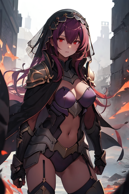 ScathachSaber, 1girl, solo, very long hair, large breasts, red eyes, thighhighs, hair between eyes, purple hair, red hair, armor, purple bodysuit, covered navel, capelet, shoulder armor, gauntlets, veil, pauldrons, 