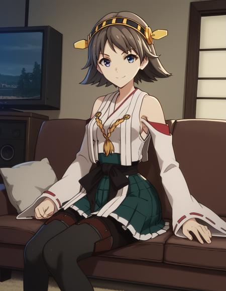 hiei, short hair, blue eyes, brown hair, hairband, hiei (kancolle), medium breasts, skirt, thighhighs, bare shoulders, pantyhose, detached sleeves, japanese clothes, nontraditional miko,