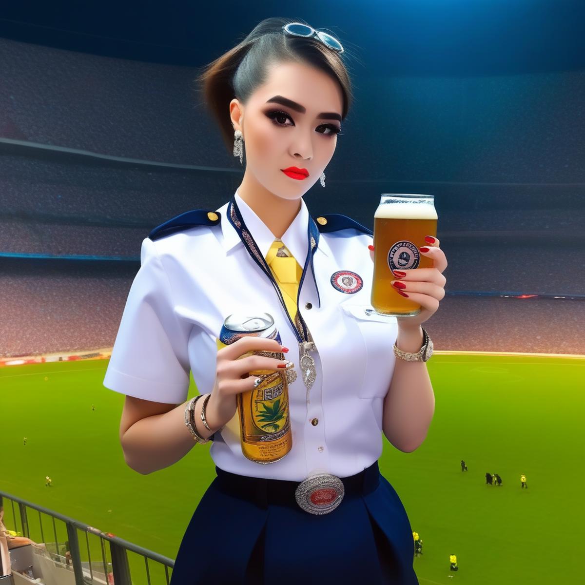 cellphone, holding, electric fan, reference inset, uniform, stadium, jewelry, thick eyebrows, beer