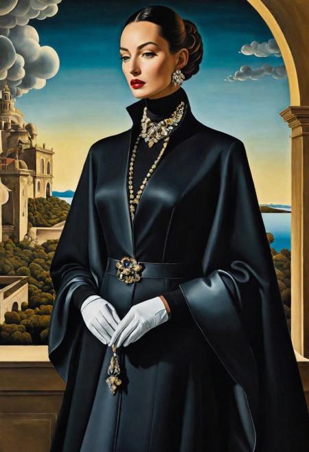 high quality, highly detailed, painting involves blending classical elegance with a contemporary twist, The focal point is an enigmatic figure inspired by film noir protagonists, positioned against a backdrop of nature and urban sophistication, Employing chiaroscuro techniques akin to Caravaggio, the play of light and shadow adds mystery and intimacy, The attire combines classical and modern fashion, with intricate details reflecting haute couture craftsmanship, Surreal elements drawn from Salvador Dal's style create a dreamscape around the figure, The color palette harmonizes rich tones and pastels, awesome full color,