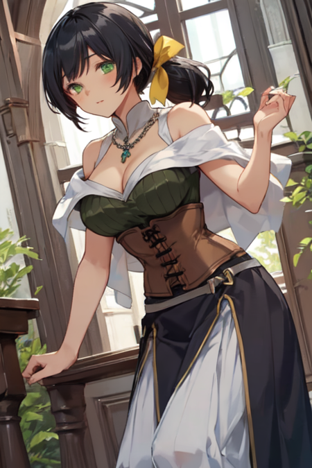 ShizukoHerosMother, 1girl, solo, green eyes, large breasts, black hair, long hair, low ponytail, jewelry, dress, necklace, yellow ribbon, hair ribbon, cleavage, bare shoulders, corset, white capelet, sleeveless, long skirt, 
