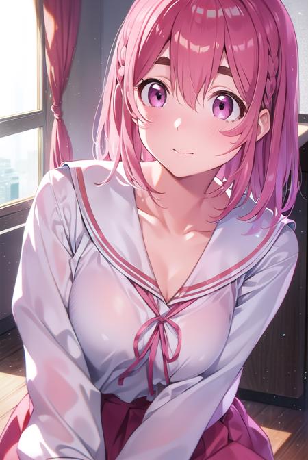 sumisakurasawa, <lora:sumisakurasawa-lora-nochekaiser:1>,
sumi sakurasawa, bangs, (pink eyes:1.5), hair between eyes, pink hair, braid, hair bow, thick eyebrows,
BREAK skirt, shirt, long sleeves, bow, ribbon, school uniform, white shirt, serafuku, sailor collar, red ribbon, neck ribbon, red skirt, white sailor collar,
BREAK looking at viewer,
BREAK indoors, classroom,
BREAK <lyco:GoodHands-beta2:1>, (masterpiece:1.2), best quality, high resolution, unity 8k wallpaper, (illustration:0.8), (beautiful detailed eyes:1.6), extremely detailed face, perfect lighting, extremely detailed CG, (perfect hands, perfect anatomy),