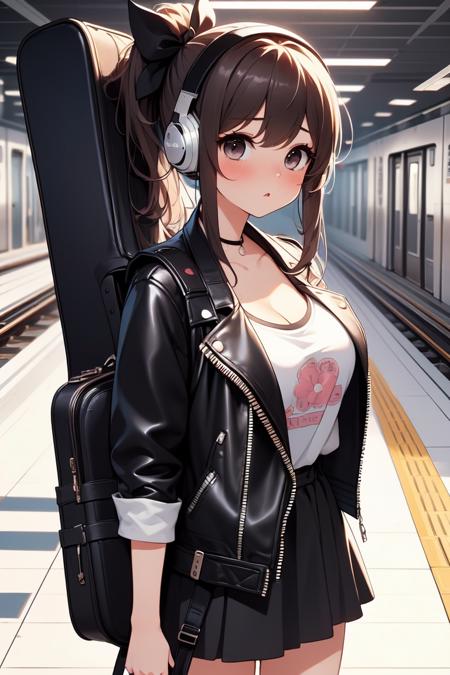 train platform guitar case backpack T-shirt chiffon long coat navigation sign petite figure