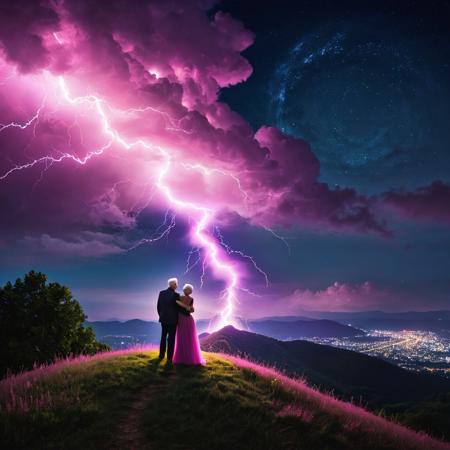 <lora:Midnight Vibrance:1.0> Pink lightning arcs between older couple embracing. They stand at the top of a hill at night.