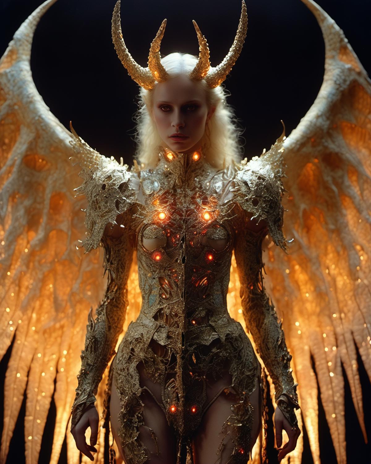 An Angelic Figure Wearing Gold and Glowing Light, with Wings and a Crown.