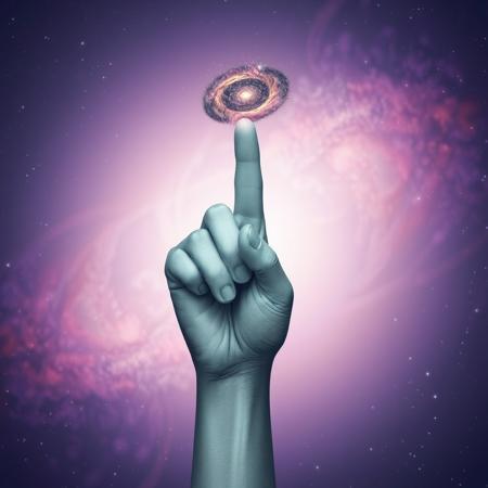an non human abstract entity with the index finger pointing upwards, just above the finger, there is a small galaxy