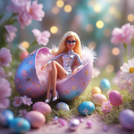 photo, selective focus, miniature effect, bokeh, highly detailed, vibrant, perspective control, natural tilt shot, , glamour shot of a blonde barbie in a photoshoot, chromatic blur, chromatic aberration, illustration, g macro photography, (enchanting:1.3), (luminous:1.2), (oversized flora:1.1), mystical, magical, vibrant photography, shimmering light, dreamy, whimsical, serene, soft-focus, hyper-detailed digital art, smile, glasses, shiny leather, barbie sitting in an big Easter egg, Easter egg as a concept of rebirth, cracked surface, pastel colors, soft glowing lights, nestled of soft feathers and young spring flowers, soft background, bokeh effect, miniature effect, natural light, ultra fine details, as a digital painting.