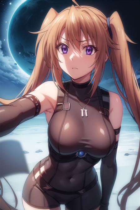 irina shidou, long hair, brown hair, twintails, (purple eyes:1.1), very long hair, ahoge, thighhighs, gloves, bare shoulders, black gloves, elbow gloves, bodysuit, covered navel,