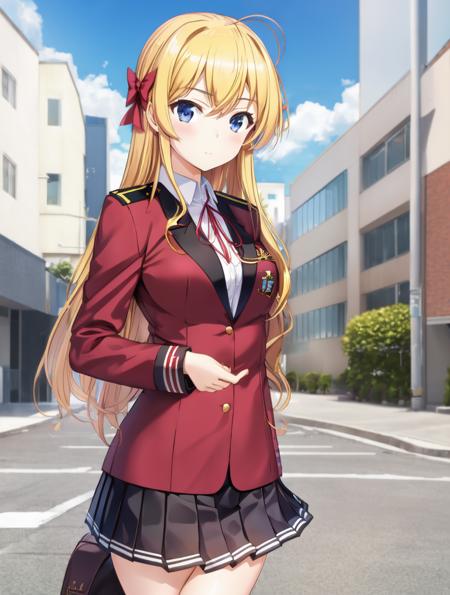 1girl, sendou erika, blonde hair, blue eyes, school uniform, outdoor, city <lora:sendou_erika:0.8>