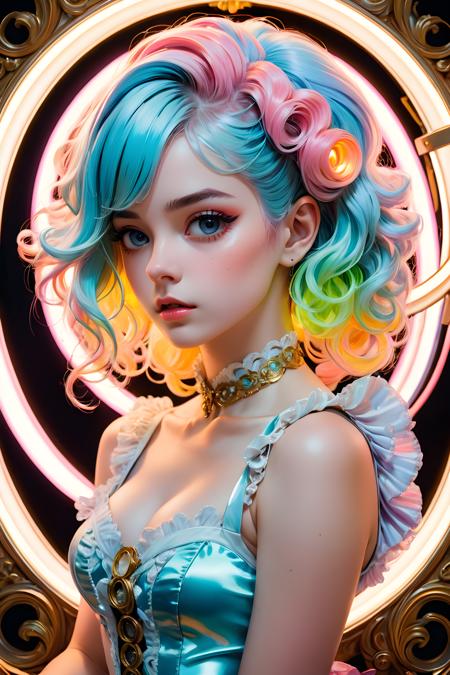 anime_artwork, rococo, grand_photograph, polaroid, annoyed_girl, neon_glowing_hair, canon_5d_mark_4, neon_light, kodak_ektar, flamboyant, pastel_colors, curved_lines, elaborate_detail, rococo, art by j.c. leyendecker