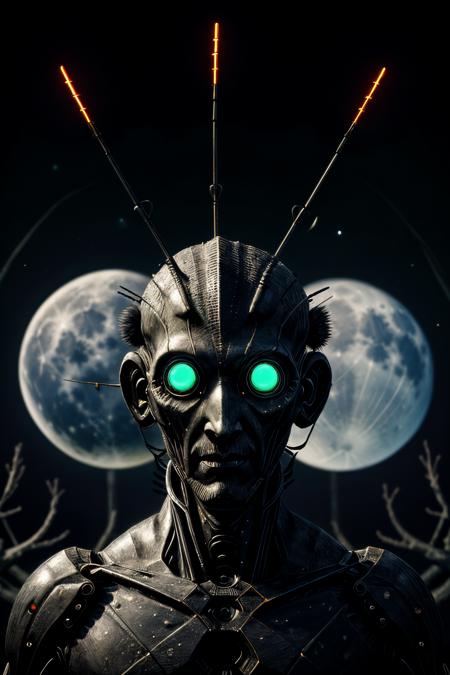 A strange animal in the night of an alien world with 3 moons stalks through a phosphorescent forest. Its segmented body gleams with bioluminescent markings, while multiple eyes glint from a head adorned with shimmering, feather-like antennae.
 <lora:LORA-XenoDetailer-v3A:2>