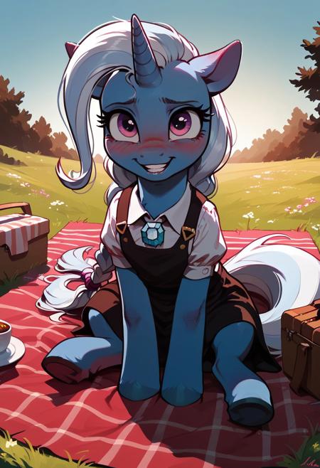 Score_9, score_8_up, score_7_up, best quality, masterpiece, intricate details, OverallDetail, zPDXL, Expressiveh
BREAK Trixie Lulamoon, my little pony, feral pony, petit, sitting, detailed fur, picnic blanket, cups, nervous, low twin braids:1.4, pinafore dress, kabedonpov, reaching towards viewer,1girl, pursed lips, full face blush, vibrant colors, colorful, solo, cute, alluring, seductive, small smile