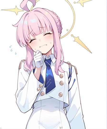 shiranui kaya (blue archive), halo, pink hair, blunt bangs, sidelocks, braided bun, tied hair, ahoge, green eyes, horizontal pupils, white shirt, blue necktie, yellow button, white gloves, white skirt, white pantyhose, white shoes, shiranui kaya (blue archive), halo, pink hair, blunt bangs, sidelocks, braided bun, tied hair, ahoge, closed eyes, white shirt, blue necktie, yellow button, white gloves, white skirt, white pantyhose, white shoes,