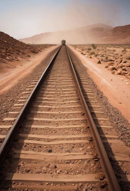 novuschroma08 style, low shot of traintracks on the rocky and hilly  desert in a middle of a day with a sandstorm brewing in the distanc