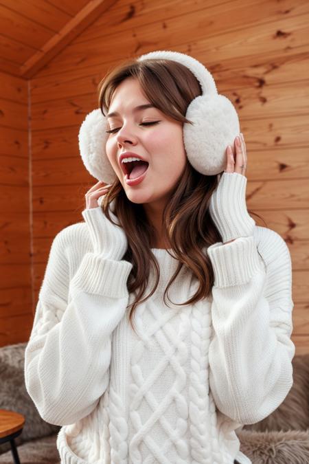 woman, brown hair, white fur earmuffs, hands on earmuffs, white sweater, hands up, excited, mouth open, eyes closed, head back, indoors, cabin,