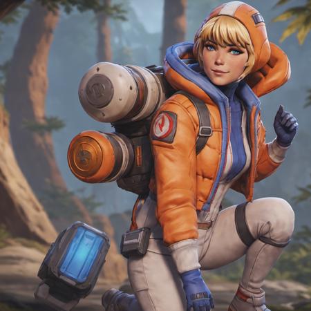 anime artwork night time portrait of full body wattson (apex legends) woman waving freckles, (squatting:1.3), high quality, clear focus, blonde hair, bangs, fringe detailed, blue headwear, woods background, dark moody lighting, sharp contrast    <lora:Watts0n-000018:0.6> <lora:offset_0.2:1> . anime style, key visual, vibrant, studio anime,  highly detailed