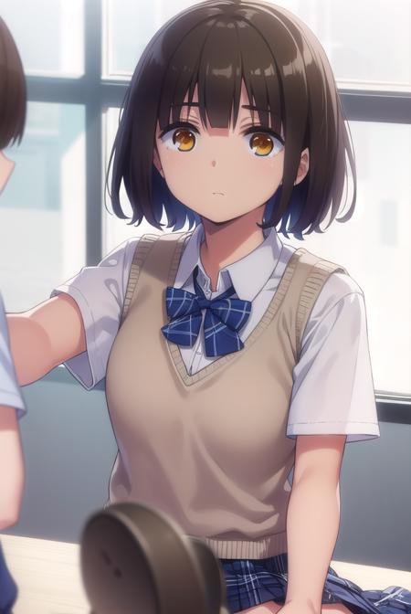 kanatahiga, <lora:kanata higa anime s1-lora-nochekaiser:1>,
kanata higa, short hair, bangs, brown hair, (brown eyes:1.3),
BREAK shirt, bow, school uniform, white shirt, short sleeves, bowtie, blue bow, sweater vest, plaid bow,
BREAK indoors, classroom,
BREAK looking at viewer,
BREAK <lyco:GoodHands-beta2:1>, (masterpiece:1.2), best quality, high resolution, unity 8k wallpaper, (illustration:0.8), (beautiful detailed eyes:1.6), extremely detailed face, perfect lighting, extremely detailed CG, (perfect hands, perfect anatomy),