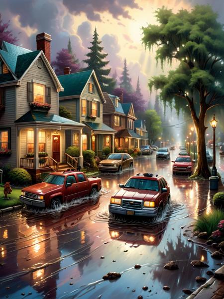 <lora:SS02ImpressionisticPainting_Hap_XL:1.8>,Thomas Kinkade style,  creates an environment of climate disaster, mud and water, submerged cars, people in trees, flooded streets, dogs and cats on wet sidewalks, caricature comic style.