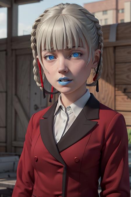 <lora:VRAMsMomobami:0.65>, xyzmomobami, 1girl, braided, hair rings, hair loops, grey hair, blue eyes, red jacket, school uniform, beautiful, masterpiece, closeup, portrait, blunt bangs, medium breasts, arms behind back, blue lips, glowing eyes, blue eyes, looking at viewer, evil, double breasted coat, red jacket, gesugao, white undershirt, buttons, dramatic, 3d model, cycles render