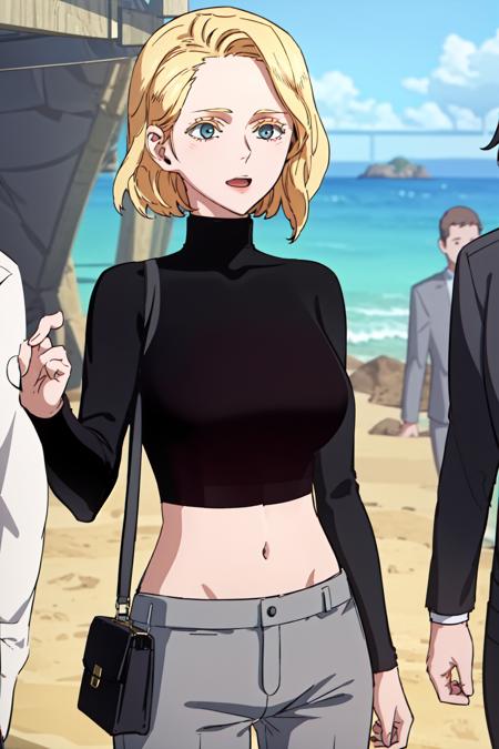 masterpiece, best quality, absurdres, perfect anatomy, beautiful background, beautiful face, beautiful eyes, beautiful body, happy, sophiaboray, 1girl, solo, short hair, pants, blonde hair, shirt, long sleeves, midriff, sweater, crop top, black shirt, turtleneck, grey pants, handbag, black sweater, Pretending to be in a surfing pose,  <lora:SophiaBoray:0.85>