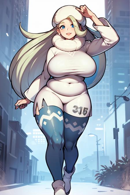 best quality, masterpiece, high resolution,  1girl <lora:melony:1> long hair,  blue eyes, huge breasts, gigantic breasts, (plump,  curvy:1.3), white headwear, fur hat, mature female, wide hips,round face,big ass, huge ass, thighs, pantyhose, long hair, shorts, white footwear, legwear under shorts, white headwear, fur hat, mature female, white sweater, long sleeves, white scarf,