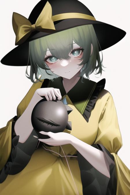 masterpiece, best quality, komeiji_koishi, green_eyes, heart_of_string, yellow_shirt, hat, eyeball, skirt, wide_sleeves, 1girl, green_skirt, frills, green_hair, black_headwear, shirt, long_sleeves, bow, looking_at_viewer, yellow_bow, frilled_sleeves, solo, heart_hands, underwear, heart-shaped_pupils, hat_ribbon, string, holding_clothes, frilled_shirt_collar, hat_bow, blouse,  yellow_blouse,  hair_between_eyes, ribbon, yellow_ribbon