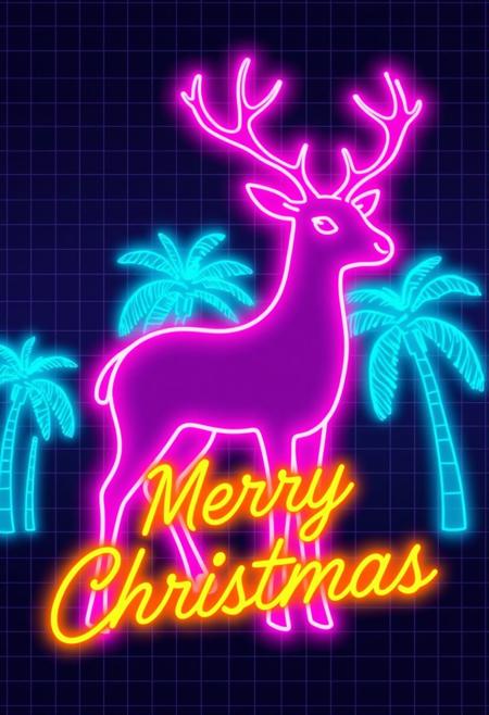"Design a retro-themed Christmas card with a glowing neon reindeer outlined in bright pink and purple, reminiscent of 80s aesthetics. The background features a grid pattern and palm trees glowing in soft blue neon. 'Merry Christmas' shines in vibrant yellow neon script, adding to the nostalgic design."