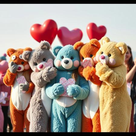 a bunch of people in furry costumes giving love letters and hugs