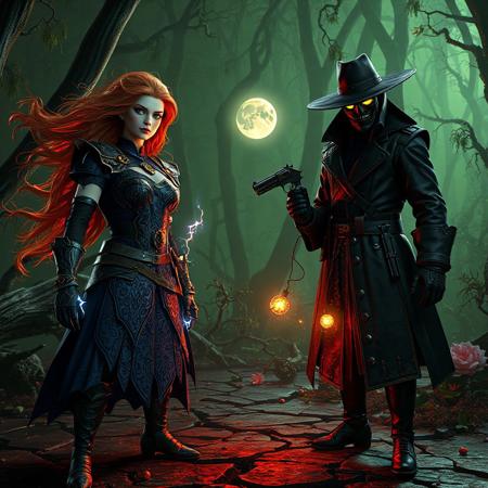 "Grimdark 3D render of two warriors standing united before the Vernusylph in Full Bloom – a twisted, bioluminescent forest where colossal petrified flowers ooze black nectar and thorned vines pulse with necrotic energy.
Left: Beatrice, Lady of the Eternal – A fierce warrior with flame-red hair whipping in an ethereal wind, clad in cobalt-blue platemail with obsidian filigree. Her gauntlets crackle with arcane lightning, while a belt of ancient runestones glows ominously at her waist. Hyper-detailed facial features show a scarred cheek and piercing jade-green eyes burning with resolve.
Right: Gimmick Puppet Fanatix Machinix – A shadowy mechanoid assassin draped in tattered noir trenchcoat and wide-brimmed hat, his face obscured by a brass plague doctor mask. Razor-wire coils around his jet-black exoskeleton, while a belt of clockwork grenades and a revolver with soulfire ammunition complete his arsenal.
Both stand in mirrored battle stances on cracked obsidian terrain, backlit by a dying star visible through the forest canopy. The Vernusylph blooms with carnivorous flora, skeletal remains fused with roots, and floating witch-light orbs. Dramatic Dutch angle shot using Unreal Engine 5 ray tracing, Octane Render textures, and Raphael-style chiaroscuro lighting. Metallic surfaces reflect sickly green nebula light, while splash ink effects blend with Houdini particle simulations for a corrupted fantasy aesthetic. "