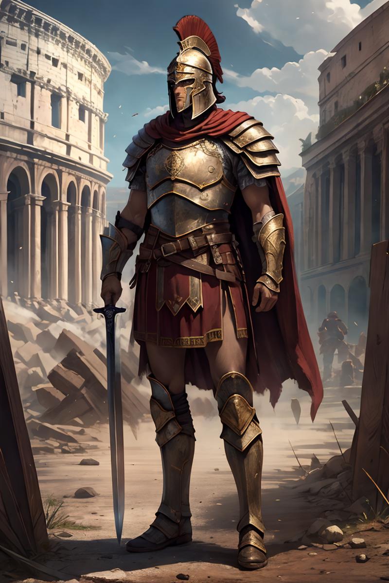 Ancient Roman warrior in gold armor holding a sword in a ruined city.