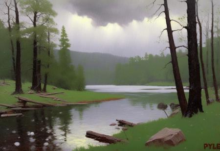 Pyle Painting, pyle landscape painting of a lake surrounded by forest during a spring rain shower