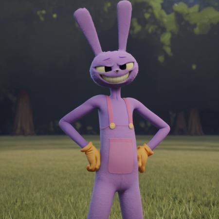 JaxAmazing , grassy outdoors background , evil smile , yellow gloves , hands on hips,bunny man, purple fur , 3d , cgi , fluffy fur , realistic render , <lora:JaxAmazingLora-000009:0.8>