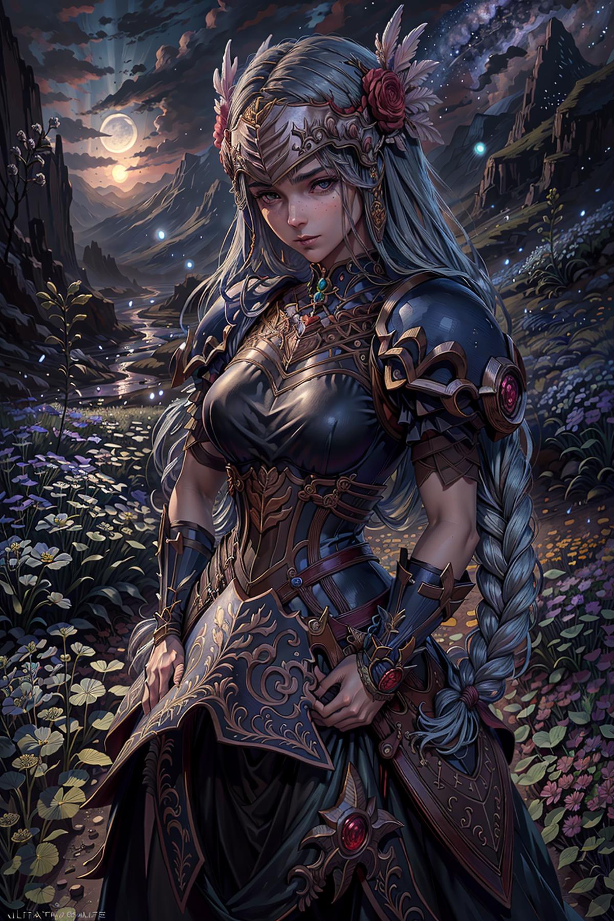 A woman in a fantasy setting, with a sword and a blue dress, posing in front of mountains.