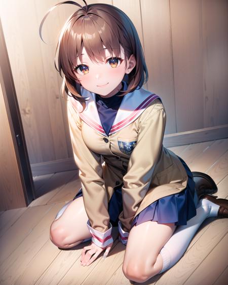 ((masterpiece)), ((best quality)), ((highres)), ((extremely detailed CG unity 8k wallpaper)), solo, modest breasts, <lora:furukawa nagisa:0.8>, furukawa nagisa, (ahoge), (school uniform with blue turtleneck), (blue skirt), (white socks), smile, classroom, cute