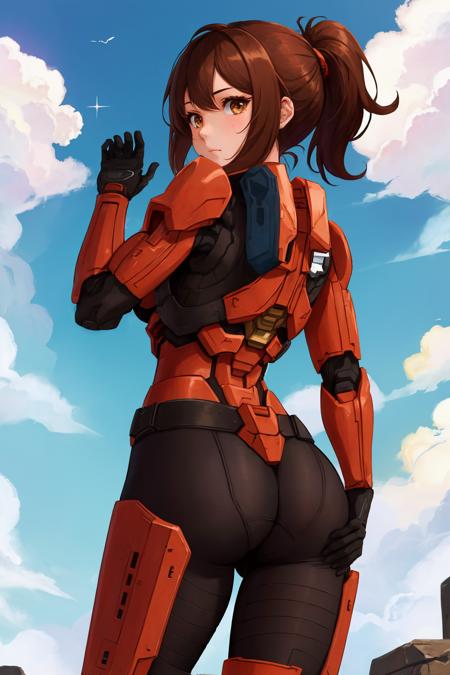 <lora:HaloSpartansV1-000050:1>,  FemaleSpartan, 1girl, ass, solo, brown_hair, helmet, looking_back, brown_eyes, helmet_removed, sky, from_behind, ponytail