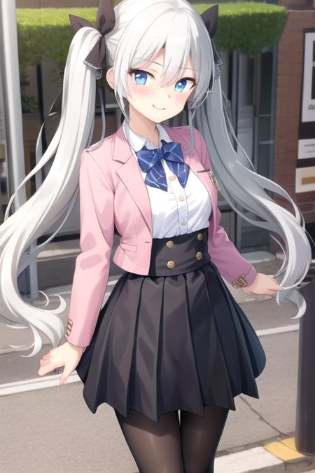 Harizome Shione very long hair,white hair,twintails,hair bow,black bow,hair ribbon,black ribbon,sidelocks,hair between eyes,parted bangs,blue eyes,blush school uniform,pink jacket,cropped jacket,blazer,open jacket,wing collar,red bowtie,frilled shirt,center frills,white shirt,collared shirt,dress shirt,long sleeves,large breasts,high-waist skirt,grey skirt,plaid skirt,pleated skirt,black pantyhose,loafers,brown footwear