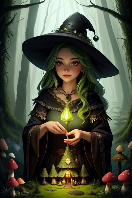 A beautifully illustrated drawing of a witch with a green hat holding a glowing light.