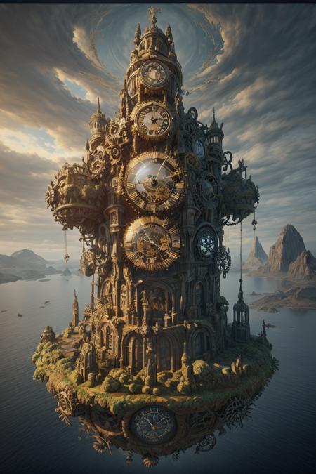 surrealist painting of a floating island with giant clock gears, populated with mythical creatures, masterpiece, intricate, high contrast, unreal engine, golden ratio, hyper detailed, god rays