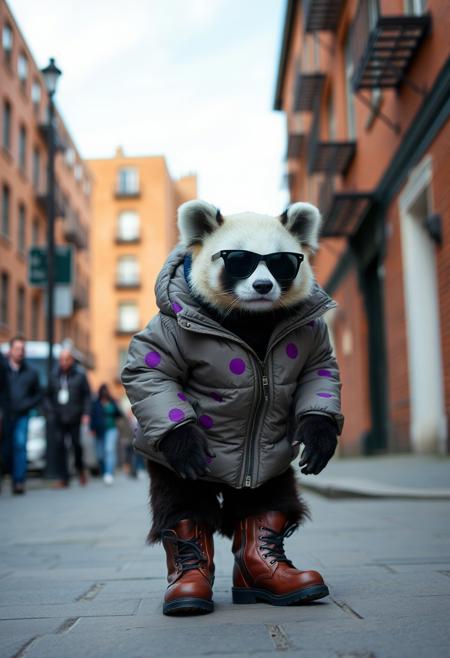 street photography of a purple spotted panda wearing boots, a down jacket, sunglasses, surreal street scene, urban brick buildings in the background