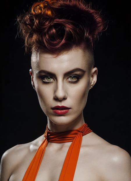 portrait of sks woman by Flora Borsi, style by Flora Borsi, bold, bright colours, orange Mohawk haircut, ((Flora Borsi)), <lora:locon_cbg_v1_from_v1_64_32:1>