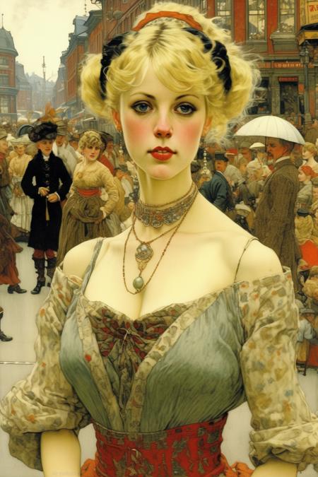 <lora:Paul Gustav Fischer Style:1>Paul Gustav Fischer Style - Norman Rockwell painting of ANna faris, as a beautiful fascinating richly dressed courtesan in a bustling city in ancient norway.