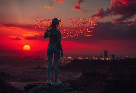 golden rule, perfect quality, 16k, very detailed, highly detailed, realistic, photorealistic, ultra sharp, scineastic, , colorfull, in a desert, warm red early morning, hot, detailed soft glowing clouds. dim red sun, city lights and high buildings in the far background, dark shadows, strong shadows, dramatic lighting, dark theme, dark, rimlight, highly detailed, close backshot, low angle, woman, slim, adletic, slender, standing on a cliff, (writing "NEED SOME BUZZ" on the sky, glowing, red, ), back to the camera, short red glowing hair, thight white jacket, white cap, tight white leggings, white sneakers, white tight gloves, slim body, tight ass, tight legs,