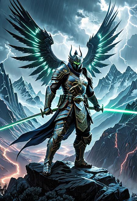 futuristic samurai warrior wearing high-tech armor with glowing circuits, neon katana, A majestic griffin soaring through a stormy sky, with lightning illuminating its powerful wings and sharp talons. The griffin is a symbol of strength and courage, its eyes filled with determination as it faces the elements. The landscape below is a rugged mountain range, with jagged peaks and deep valleys. The style is a blend of classical painting and fantasy art, reminiscent of the works of Frank Frazetta and Boris Vallejo, with a color palette of dark blues, grays, and whites, 420futurism