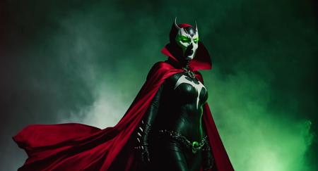 Dark Fantasy Art of (Cinematic Film stock footage style) in (arri alexa style) (Kodak film print style),
 <lora:Spawn:1>
Spawn a woman in a living symbiotic costume with a red cape and a black and white mask and green glowing eyes, dark, moody, dark fantasy style